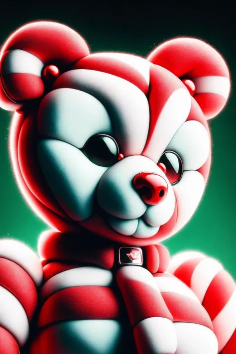 photo of a cute teddy bear made from EPCandycaneStyle, 24mm, (cinematic presentation, film grain:1.2), (scenery, gradient:1.2), detailed eyes, (seductive pose), (commercial poster), <lora:EPCandycaneStyle:1>