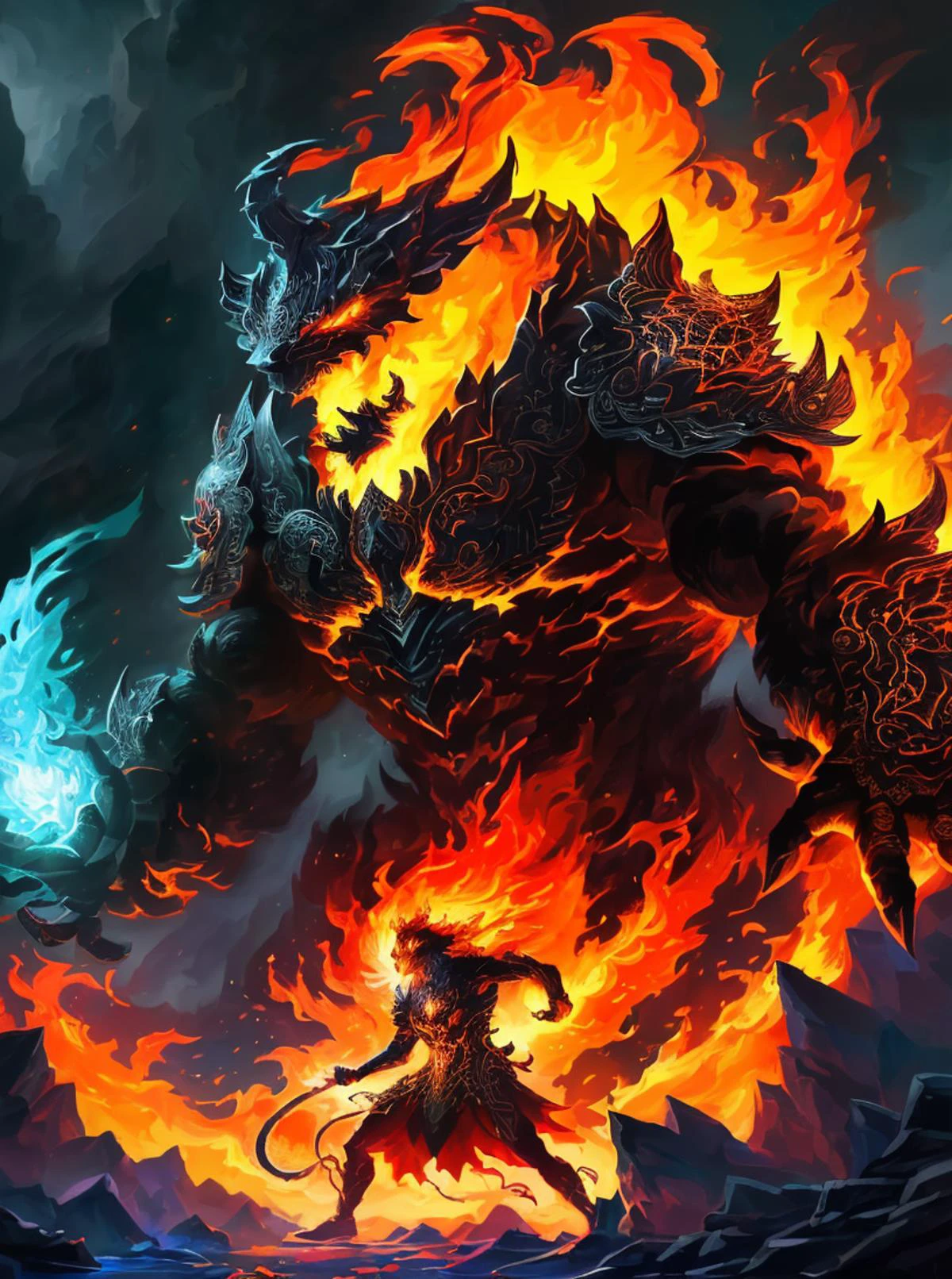 illustartion,digital art,action scene, <lora:Elements-000008:0.65>  elemental, monster, fire, action,8k uhd, high quality, (intricate details:0.9), (hdr, hyperdetailed:1.2),[cory loftis, strobist, pascal campion::0.2]