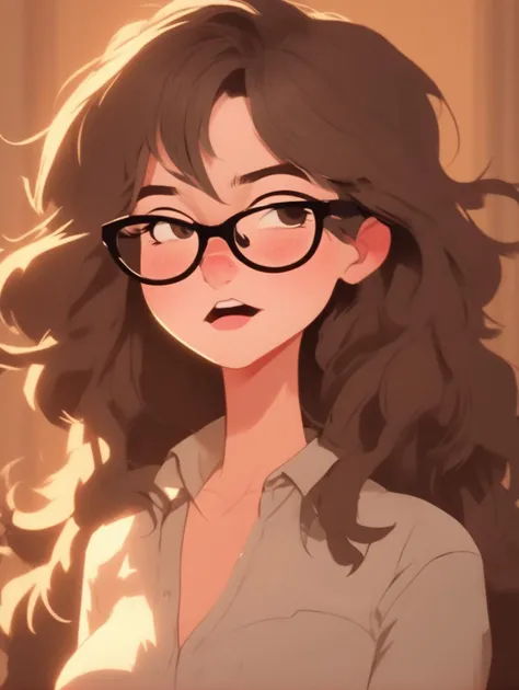 Cute Cartoon of a lewd lady with long messy hair, wearing glasses and tight skirt with pantyhose, nose blush, half-closed eyes, open mouth, front view, solo, sfw, CuteCartoonAF <lora:CuteCartoonRedmond-CuteCartoon-CuteCartoonAF:1>