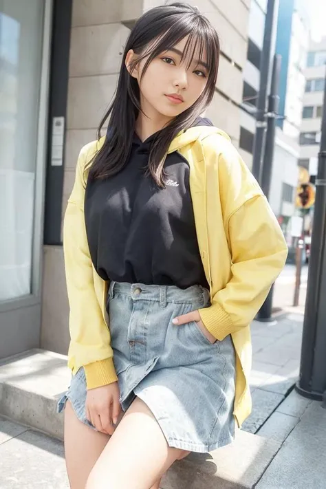 (skin blemish:1.2), (skindentation), black eye, 1woman, 25yo, (((woman))), solo, realistic, best quality, photorealistic, masterpiece, 8k, high res, solo, extremely detailed face, (professional lighting, bokeh), (light particles, lens flare, glowing particles:0.6), (dynamic pose:1.2), soft lighting, top angle view, fashionable and trendy atmosphere, japan, street, tokyo, city, ((daytime)), road, ((looking at the viewer:1)), (looking at the camera),(portrait:0.6), cowboy shot, gorgeous, standing, keep original facial proportion, wide shoulder, full body, (small breast), (medium hair), brown hair, floating hair, lips, lipstick, seductive smile, floating hair, smile, open_mouth, teeth, hood, hoodie, hoodie sweater, yellow jacket, (jumper skirt), eyelashes, mole, (mole under eye:1), <lora:HirakawaY:0.8>