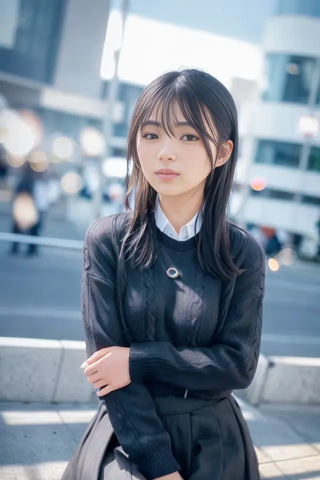 (skin blemish:1.2), (skindentation), black eye, 1woman, 25yo, (((woman))), solo, realistic, best quality, photorealistic, masterpiece, 8k, high res, solo, extremely detailed face, (professional lighting, bokeh), (light particles, lens flare, glowing particles:0.6), (dynamic pose:1.2), soft lighting, top angle view, fashionable and trendy atmosphere, japan, street, tokyo, city, ((daytime)), sky, ((looking at the viewer:1)), (looking at the camera),(portrait:0.6), cowboy shot, gorgeous, standing, keep original facial proportion, wide shoulder, full body, (small breast), (medium hair), brown hair, floating hair, lips, lipstick, seductive smile, floating hair, smile, open_mouth, teeth, (sleeves less white blouse), (jumper skirt), eyelashes, mole, (mole under eye:1), <lora:HirakawaY:0.8>