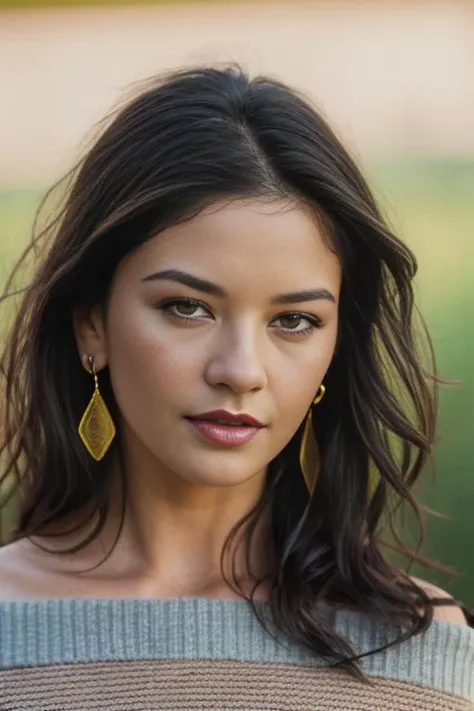 <lora:c4th3r1n3:0.9>, a Realistic photo of c4th3r1n3 woman, long hair, looking at viewer, simple background, brown hair, black hair, brown eyes, jewelry, upper body, earrings, grey background, off shoulder, sweater, lips, realistic, soft lighting, professional Photography, Photorealistic, detailed eyes, RAW, analog, sharp focus, 8k, HD, DSLR, high quality, Fujifilm XT3, film grain, award winning, masterpiece