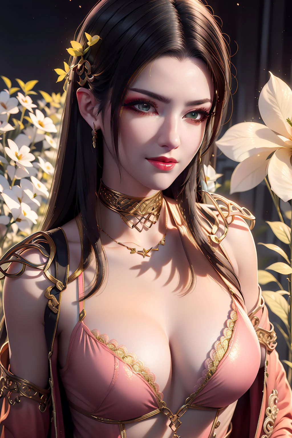 masterpiece, best quality, aerith gainsborough, choker, cropped jacket, hair bow, bracelet, pink dress, looking at viewer, abstract background, green theme, glowing, slight smile, holding a yellow flower <lora:MIAOKA_Meidusha_v1.0:1>,mds,