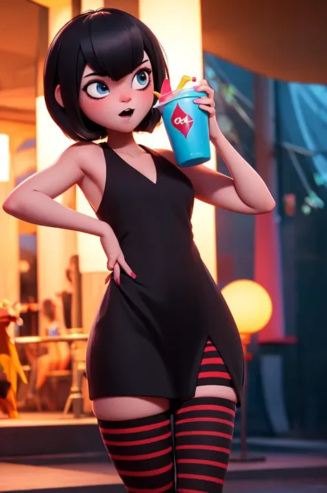 NSFW, 8k,highres, 1girl, 1_tmavis, at night at a crowded party, room light, front view, standing, looking at the viewer, black summer dress, cute expression, upper body, sidelit, holding a slurpee, striped stockings, <lora:mavisv3:0.9>,