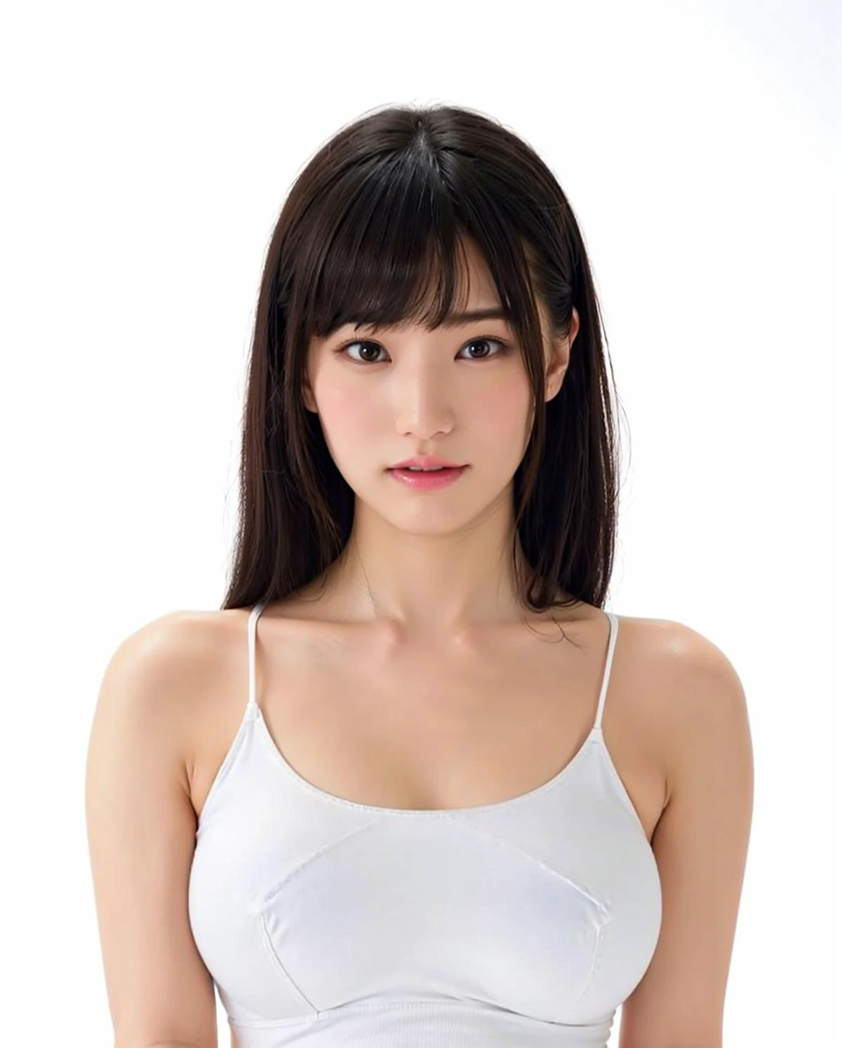 best quality, RAW, detailed, photorealistic, 8k, high res, 1girl, woman, (portrait:0.6), gorgeous, ((whitebackground:2)), ((white sleeveless tshirt:2.5, mediumsize round breast:1.5)), head straight-looking at viewer:2.2, (1girl eyes looking at viewer, short-length straighthair, blackhair, bangs:1.65), photorealistic, (bokeh), (closed mouth:1.3), gorgeous, pureerosface_v1, <lora:AVID-shoko:0.7> <lora:GRAV-:0.7>