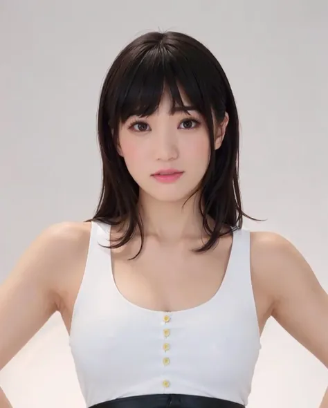 best quality, RAW, detailed, photorealistic, 8k, high res, 1girl, woman, (skindentation), (portrait:0.6), gorgeous, ((whitebackground:2.4)), ((white tanktop, mediumsize round breast:1.5)), head straight-looking at viewer:2.2, (1girl eyes looking at viewer, short-length straighthair, blackhair, bangs:1.65), photorealistic, (bokeh), (closed mouth:1.3), gorgeous, pureerosface_v1, <lora:AVID-shoko:0.7>