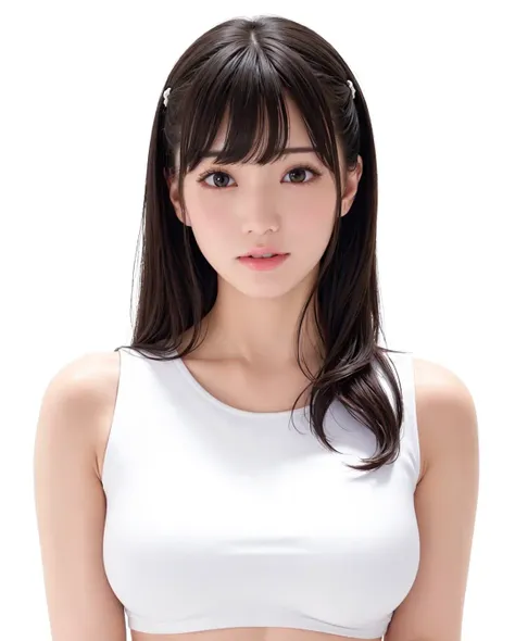 best quality, RAW, detailed, photorealistic, 8k, high res, 1girl, woman, (portrait:0.6), gorgeous, ((whitebackground:2.6), ((white sleeveless tshirt:2, smallsize round breast:1.5)), (head straight-looking at viewer:2.2), (1girl eyes looking at viewer, short-length straighthair, blackhair, bangs:1.65), photorealistic, (bokeh), (closed mouth:1.3), gorgeous, pureerosface_v1, <lora:AVID-shoko:0.47> <lora:GRAV-:0.7>