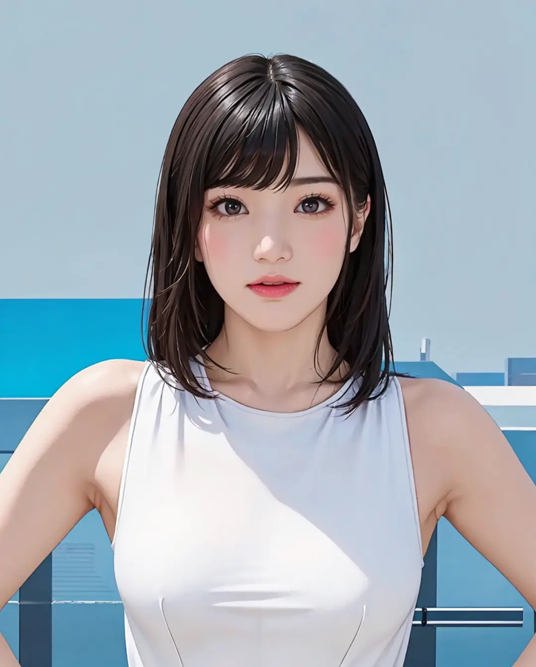 best quality, RAW, detailed, photorealistic, 8k, high res, 1girl, woman, (portrait:0.6), gorgeous, ((poolsidebackground:2)), ((white sleeveless tshirt:2.5, mediumsize round breast:1.5)), head straight-looking at viewer:2.2, (1girl eyes looking at viewer, short-length straighthair, blackhair, bangs:1.65), photorealistic, (bokeh), (closed mouth:1.3), gorgeous, pureerosface_v1, <lora:AVID-shoko:0.55> <lora:GRAV-:0.7>