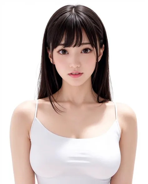 best quality, RAW, detailed, photorealistic, 8k, high res, 1girl, woman, (portrait:0.6), gorgeous, ((whitebackground:2.6), ((white sleeveless tshirt:2, smallsize round breast:1.5)),  (head straight-looking at viewer:2.2), (1girl eyes looking at viewer, short-length straighthair,  blackhair, bangs:1.65), photorealistic, (bokeh), (closed mouth:1.3), gorgeous, pureerosface_v1,  <lora:AVID-shoko:0.47> <lora:GRAV-:0.7>