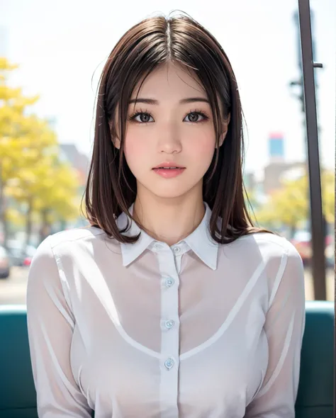 pureerosface_v1:0.3, best quality, photorealistic, 8k, high res, full color, 1girl, woman, 20 years old woman, (closed mouth:1.73), (skindentation), (portrait:0.6), trees, park bench, daylight, ((park background:1.52)), full color, ((officeshirt:1.68)), looking at viewer:1.8, (1girl eyes looking at viewer:1.55), (long hair, brownhair, partedbangs:1.45), (bokeh), <lora:AAV-shoko:0.65>