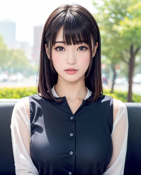 pureerosface_v1:0.3, best quality, photorealistic, 8k, high res, full color, 1girl, woman, 20 years old woman, (closed mouth:1.73), (skindentation), (portrait:0.6), trees, park bench, daylight, ((park background:1.52)), full color, ((officeshirt:1.68)), looking at viewer:1.8, (1girl eyes looking at viewer:1.55), (long hair, brownhair, partedbangs:1.45), (bokeh), <lora:AAV-shoko:0.65>