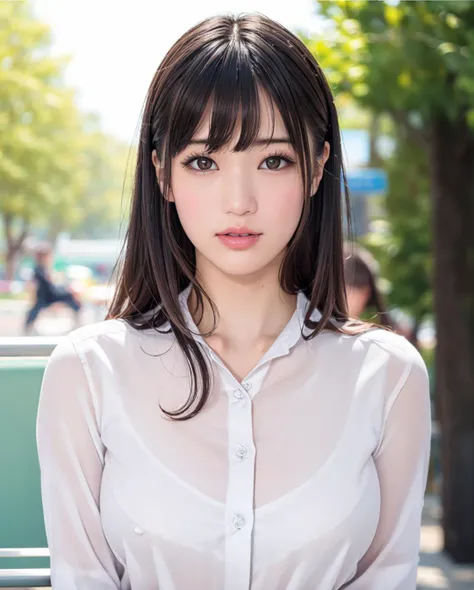 pureerosface_v1:0.3, best quality, photorealistic, 8k, high res, full color, 1girl, woman, 20 years old woman, (closed mouth:1.73), (skindentation), (portrait:0.6), trees, park bench, daylight, ((park background:1.52)), full color, ((officeshirt:1.68)), looking at viewer:1.8, (1girl eyes looking at viewer:1.55), (long hair, brownhair, partedbangs:1.45), (bokeh), <lora:AAV-shoko:0.65>