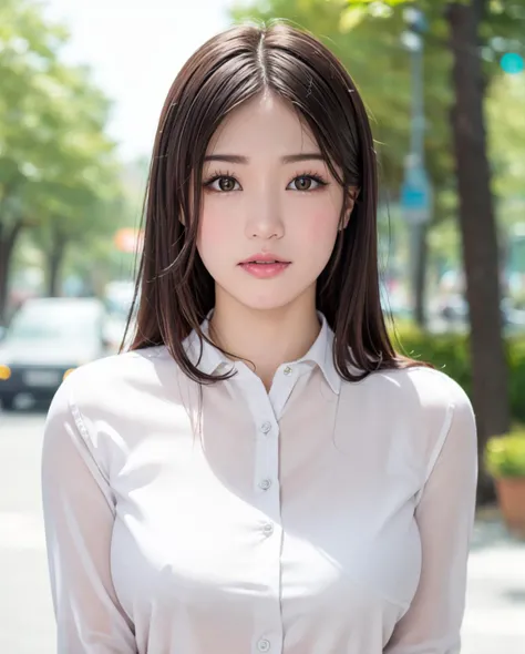 pureerosface_v1:0.3, best quality, photorealistic, 8k, high res, full color, 1girl, woman, 20 years old woman, (closed mouth:1.73), (skindentation), (portrait:0.6), trees, park bench, daylight, ((park background:1.52)), full color, ((officeshirt:1.68)), looking at viewer:1.8, (1girl eyes looking at viewer:1.55), (long hair, brownhair, partedbangs:1.45), (bokeh), <lora:AAV-shoko:0.65>