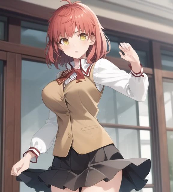 masterpiece,best quality, masterpiece, high detail,detailed face,detailed eyes,rendered eyes,perfect eyes,hip lines,ambient occlusion,crisp image,detailed,amazing,8k,8k wallpaper,8k background,high detailed skin,high res,((cowboy shot))
((1girl,solo)),standing,((looking_viewer,,facing viewer)),large breasts
<lyco:GoodHands-beta2:1>,
<lora:EmiyaFemale-10:0.9>,emiyashirou,red hair,yellow_eyes,school uniform, skirt, vest,homurahara academy school uniform