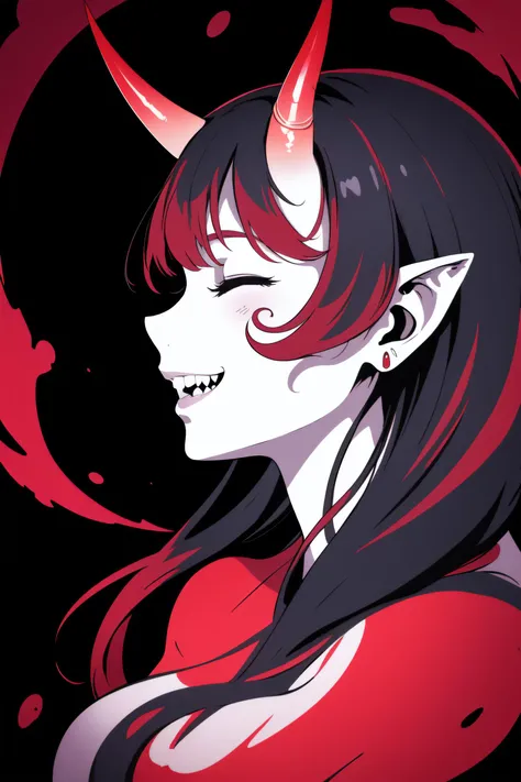 (masterpiece, best quality:1.2), extremely detailed, intricate details, finely detailed, soft lighting, volumetric lighting, 1girl, solo, profile, portrait, demon girl, single horn, oni, pointy ears, teeth, smile, half-closed eyes, limited palette, ((psychedelic)), <lora:ColorInkSplashing_last:2>