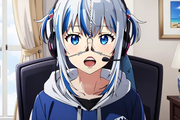 (masterpiece, best quality),  intricate details,
1girl,    
 <lora:concept_sadlinus-17:0.5> sadlinus, chair, headset, indoors,    <lora:gawrGuraHo****veAll_v4AllOutfits:0.6> gawr gura, sharp teeth, shark tail, gawr gura, blue hoodie, <lora:3wayNOSEHOOKv1:0.8>