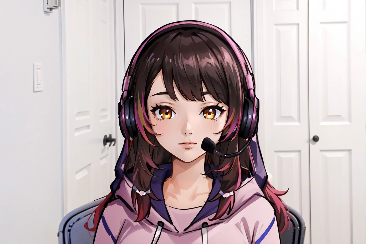 (masterpiece, best quality), intricate details,
1girl, <lora:roboco-san_v1:0.8> aaroboco, android, long hair, gradient hair, hood, hood down, pink hoodie, long sleeves
<lora:concept_sadlinus-17:0.8> sadlinus, chair, headset, indoors,