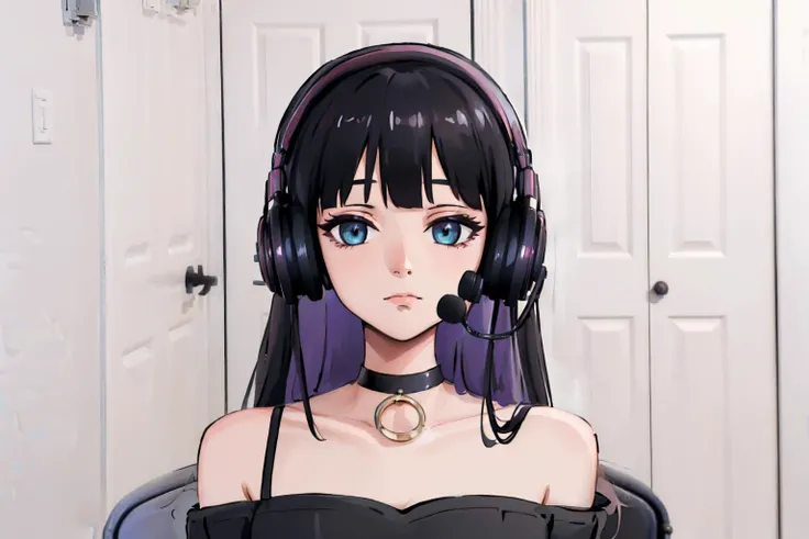 (masterpiece, best quality:1.2), sadlinus, solo, 1girl, pa-san, chair, blunt bangs, headset, black dress, clothing cutout, shoulder cutout, choker, indoors <lora:bocchi_pa-san-11:1> <lora:concept_sadlinus-17:1>