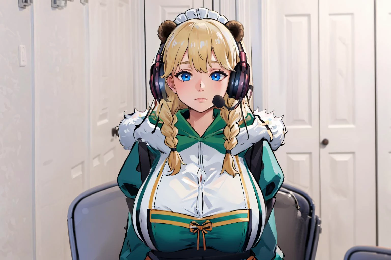 masterpiece, best quality, <lora:concept_sadlinus-17:1> sadlinus, headset, chair, indoors <lora:frigga_lastorigin_v1:0.9> huge breasts, gigantic breasts, blonde hair, medium hair, blue eyes, bear ears, friggadef, side braids, hood, fur trim, maid headdress, frills, green apron, long sleeves, mechanical hands, side-tie panties, pelvic curtain