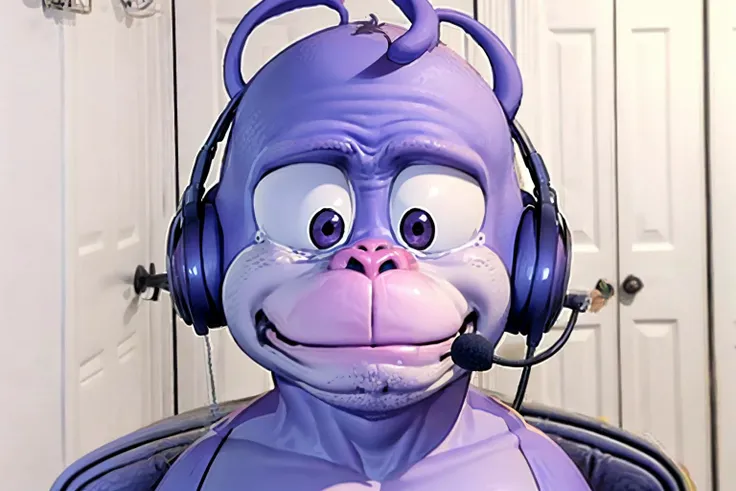 sadlinus, chair, headset, indoors, <lora:concept_sadlinus-17:1>, Bonzi buddy, BonziBuddy, bonzi, ((sad)), (crying), bonzi, monkey, chubby, purple_body, <lora:BonziBuddy:0.5>, portrait