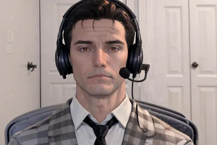 masterpiece, best quality, male focus, solo, <lora:concept_sadlinus-17:0.8> sadlinus, headset, headphones, chair, indoors, <lora:benny-fnv-richy-v1:1.1> (benny:1.2), (brown eyes, tan:0.7), looking at viewer, necktie