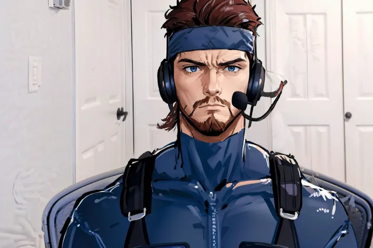 masterpiece, best quality, <lora:concept_sadlinus-17:1> sadlinus, headset, chair, indoors <lora:solidsnake-nvwls-v1-final:0.9> solid snake, facial hair, blue bodysuit, gloves, headband, male focus, sad