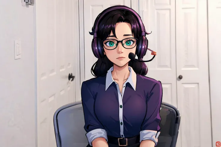masterpiece, best quality, <lora:concept_sadlinus-17:1> sadlinus, headset, chair, indoors <lora:misspauling-nvwls-v1-final:1> miss pauling, green eyes, glasses, purple shirt, pencil skirt
