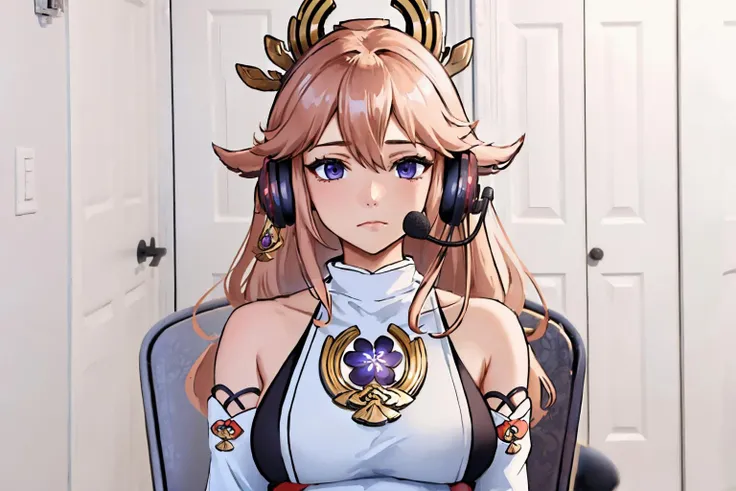 yae miko playing video games, pink hair, purple eyes, close-up