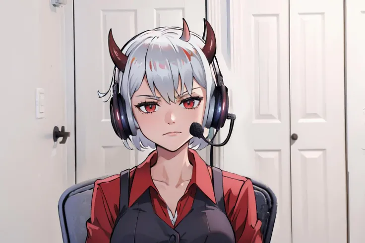 (masterpiece, best quality:1.2), sadlinus, solo, 1girl, htmalina, chair, horns, headset, waistcoat, red shirt, sleeves rolled up, black vest, indoors <lora:helltaker_malina-11:0.9> <lora:concept_sadlinus-17:1>
