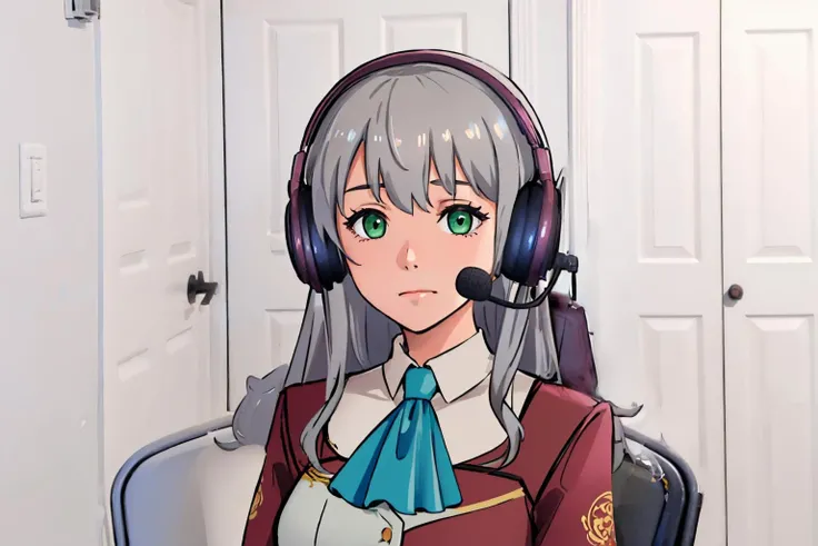 (masterpiece, best quality:1.2), sadlinus, solo, 1girl, elie macdowell, grey hair, headset, chair, green eyes, blue ascot, indoors <lora:elie-nvwls-v2-zero:0.8> <lora:concept_sadlinus-17:1>