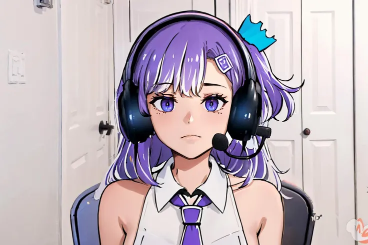 (masterpiece, best quality:1.2), sadlinus, solo, 1girl, twitch-chan, chair, hairclip, headset, collared shirt, sleeveless, necktie, indoors <lora:chanthology_twitch-chan-10:0.8> <lora:concept_sadlinus-17:1>