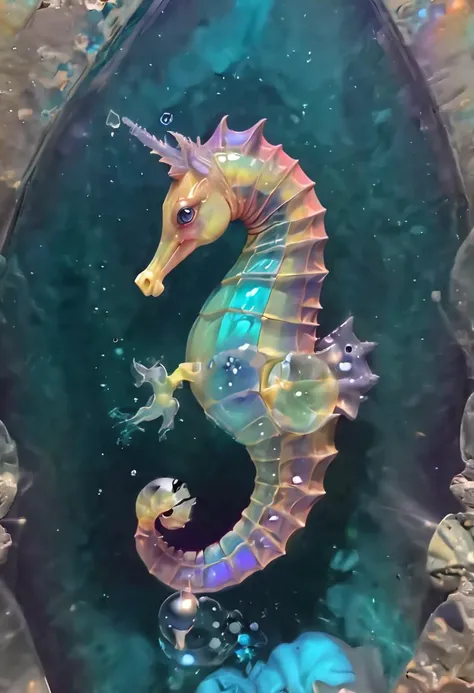 holographic projection of a translucent Seahorse embedded in a piece of crystal with (((bubbles))) and (((impurities))), hologram, depth, optical illusion, <lora:- SDXL - holo_effect_V1.0:1.0>,