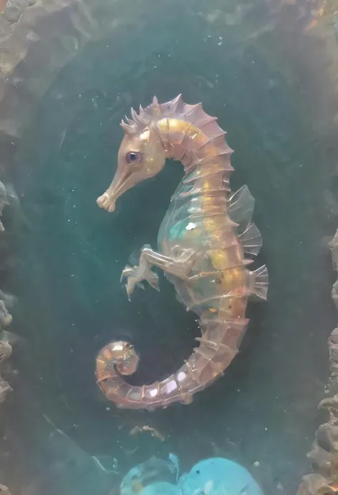 holographic projection of a translucent Seahorse embedded in a piece of crystal with (((bubbles))) and (((impurities))), hologram, depth, optical illusion, <lora:- SDXL - holo_effect_V1.0:1.0>,