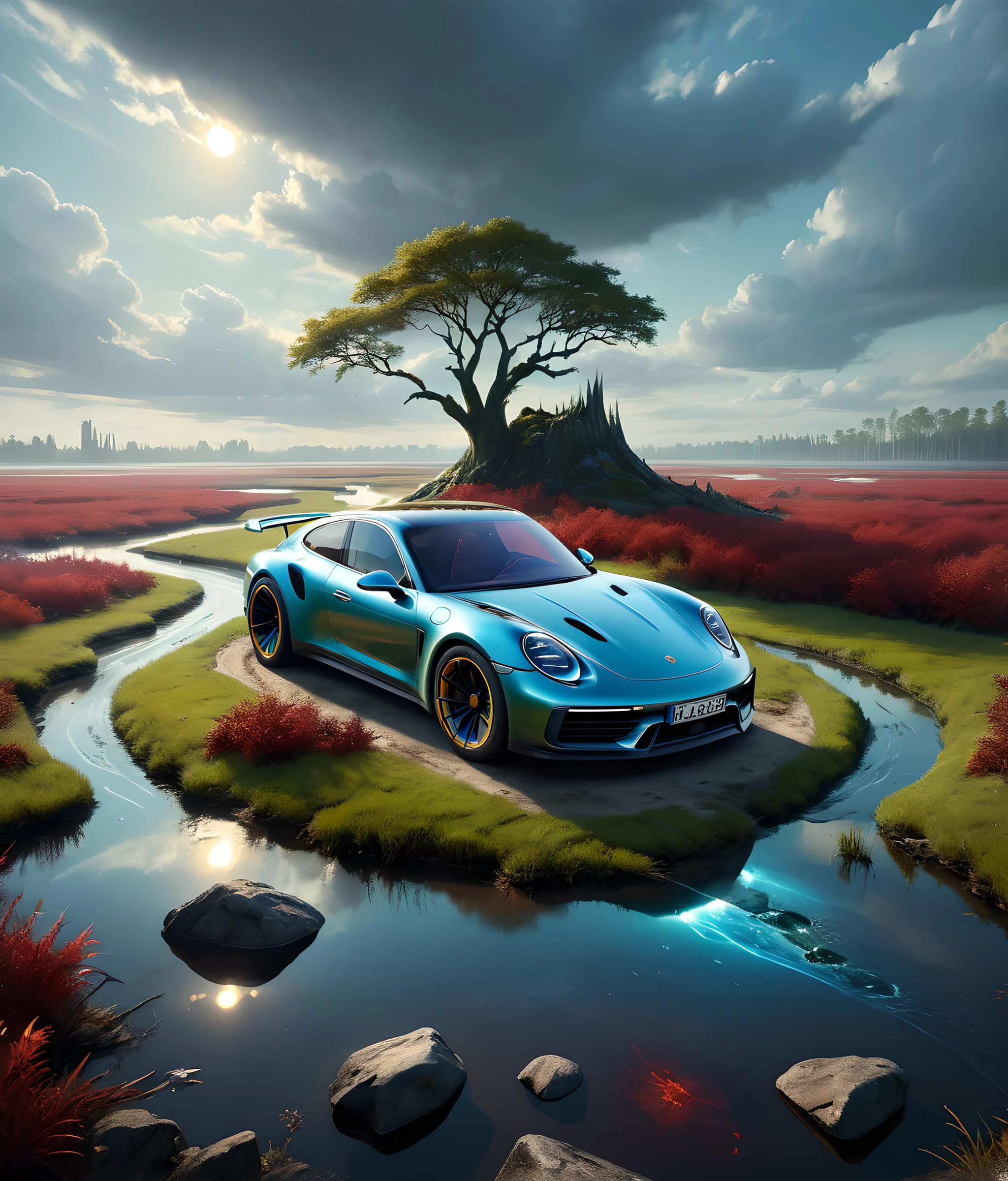 visually striking surreal 3d supernatural fantasy primeval marshland, porsche 911 taycan, saurus, a detailed painting, fantasy art, matte painting, deep rich colors, <lora:Iridescent:0.4> <lora:add-detail-xl:1> <lora:- SDXL - holo_effect_V1.0:0.5>
