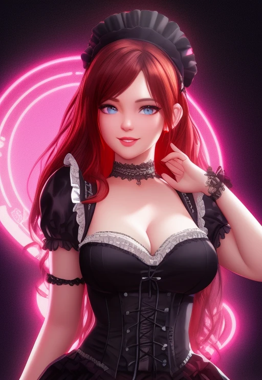 neon, dolls, fisheye, pinup, intricate digital painting, intense color, 3d, octane render, 1girl, pinup_body, French_maid, maid_uniform, gothic Victorian style dress, beautiful face, looking_at_viewer, smiling, long _hair, black lace choker, flowing_hair, (symmetry:1.1), studio lighting, soft lighting, artstations_trending, masterpiece, best quality, realism, high quality, high-definition, unreal engine, vray, houdini render, quixel megascans