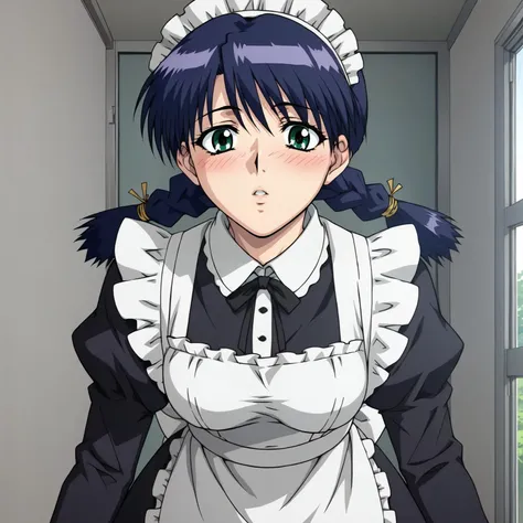 (masterpiece, best quality:1.2), game cg, extremely detailed CG, 4k, 8k, 1girl, open mouth,
MaidMaki_V1, purple hair, short hair, bangs, brown eyes, orange eyes, maid headdress,
maid, blue dress, white apron, maid apron, frills, puffy sleeves, short sleeves, white collar, white neck ribbon,
NSFW, kneeling, penis grab, oral, fellatio,
1boy, hetero, veiny penis, censored, mosaic censoring,
indoors, looking at viewer, from above, pov,
<lora:add_detail_CyberAlchemist:0.4>, <lora:GoodHands-beta2:1>, <lora:MaidMakiV1:1>