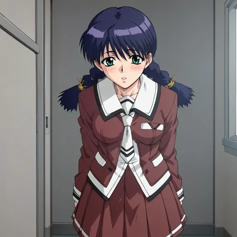 <lora:HozumiSakatsuXLpony001>,
blush,parted lips,
solo,
HozumiSakatsu,1girl,blue hair,twin braids,green eyes,
school_uniform,white sailor color,red jacket,necktie,
red skirt,pleated_skirt,