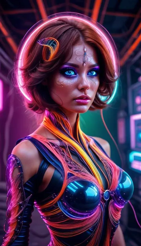 colorful chaos, vivid colors, striking visual design, 1girl, adult woman, gorgeous, (with extremely detailed skin and round hazel eyes with extremely detailed pupils and irises and auburn half-up half-down hairstyle), portrait, solo, upper body, looking at viewer, detailed background, mechanical limbs, wires, advanced technology, dynamic pose, emotionless, artificial intelligence, steel, electronics, gadgets, powered by electricity, holograms, bright lights, neon colors, cables in background, cinematic atmosphere, (<lora:1970RetroFuturism:0.6>, 1970retrofuturism, 1970s theme:1.1), <lora:add_detail:0.75>, <lora:sharpen-soften:-0.2>, <lora:stylesqueeze_v2:0.25>, <lora:realistic:0.25>, <lora:isobug:0.75>