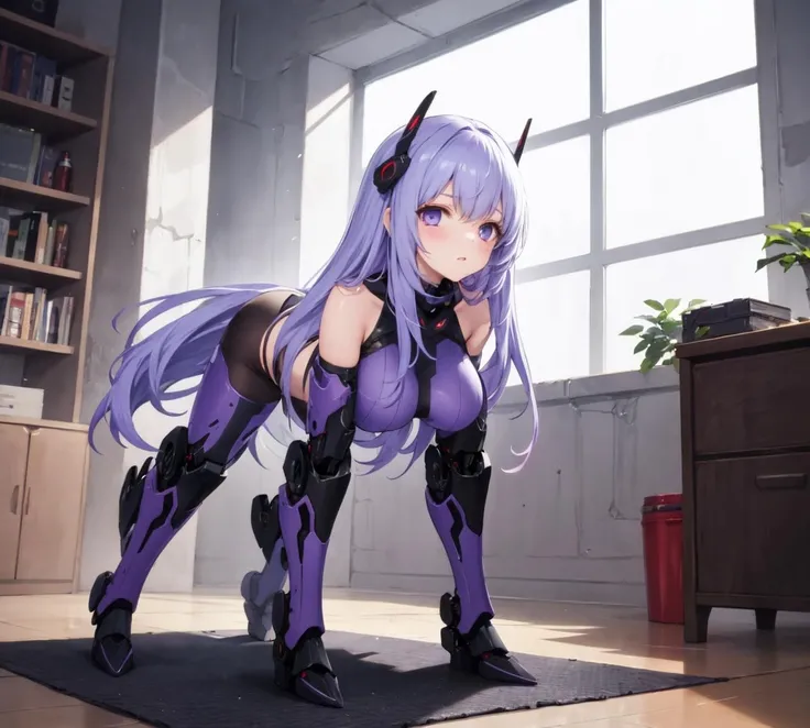 1girl,solo,purple_hair, long hair,
prosthetics, prosthetic arm,,all fours,
prosthetic quadruped,indoors, <lora:RobotDog0903:1>
mecha musume, headgear,