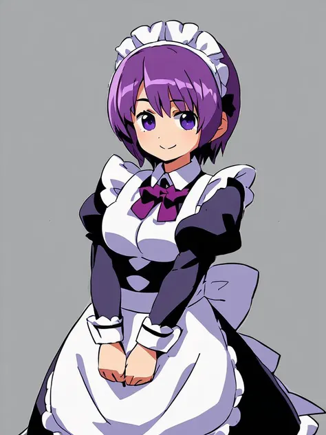 <lora:Himukai-PonyXL-1024px:1>
source_anime, white_background, 
1girl, solo, standing, long puffy sleeves, maid uniform, maid headdress, short purple hair, large_bow, smile