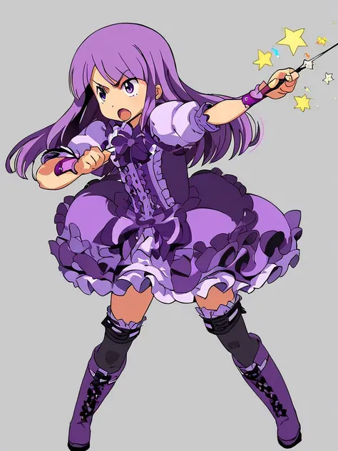 <lora:Himukai-PonyXL-1024px:1>
source_anime, white_background,
1girl, solo, standing, frilly purple dress, fighting_pose, thighhighs, boots, puffy sleeves, long purple hair, holding wand, stars