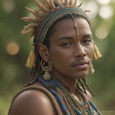 (masterpiece:1.2) (photorealistic:1.2) (bokeh) (best quality) (detailed skin:1.3) (intricate details) (8k) (HDR) (cinematic lighting) (sharp focus) 
art photo portrait of a tribal man