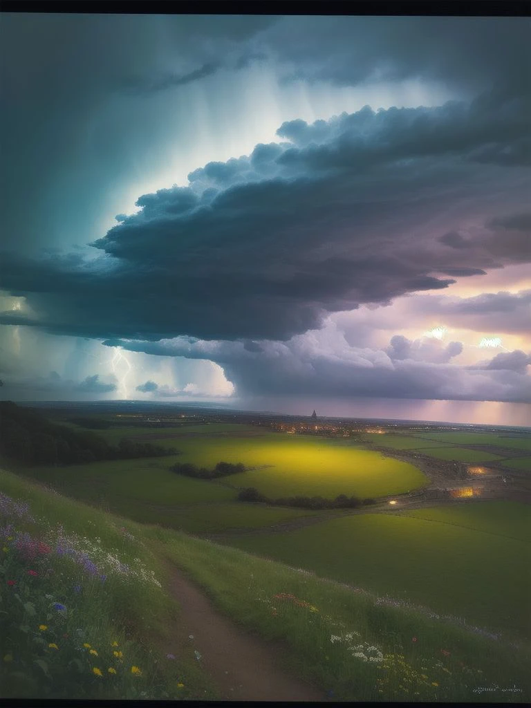 art by John Everett Millais, photograph, landscape of a Delightful Stormwind and Biopunk Airport, Thunderstorm, Graphic novel, Hopeful, Psychedelic Art, film grain, Iphone X, Fish-eye Lens