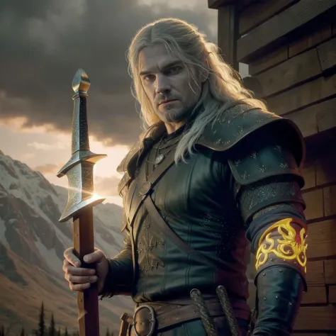 (TheWitcher:1.2), Masterpiece, hi res, 8k, award winning, (Classical realistic oil painting style:1.3), (realistic anime style:1.1), NSFW, anime key visual, dynamic cinematic lighting, by Jeremy Lipking, by Antonio J. Manzanedo,
(handsome muscled male in black leather studded armour, holding a sword:1.1), highly detailed fantasy background, mountains , dramatic sky, god rays, (intense glowing yellow eyes:1.3) (magic:1.2)
