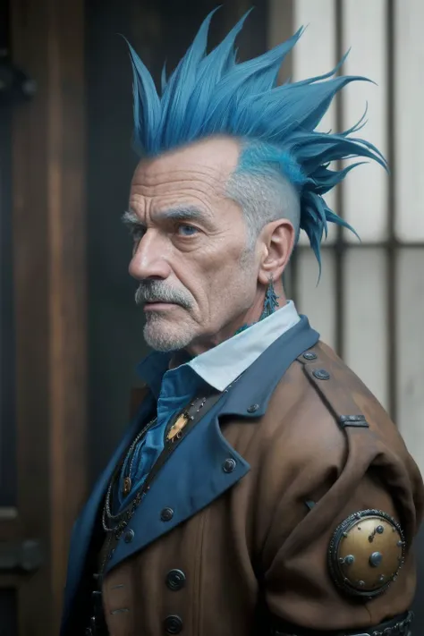 a detailed photograph of old man with a extravagant blue Mohawk and steampunk clothing by worlds best photographer, punk rock, extremely realistic, muted colours, soft lighting, 8k, hi-res,