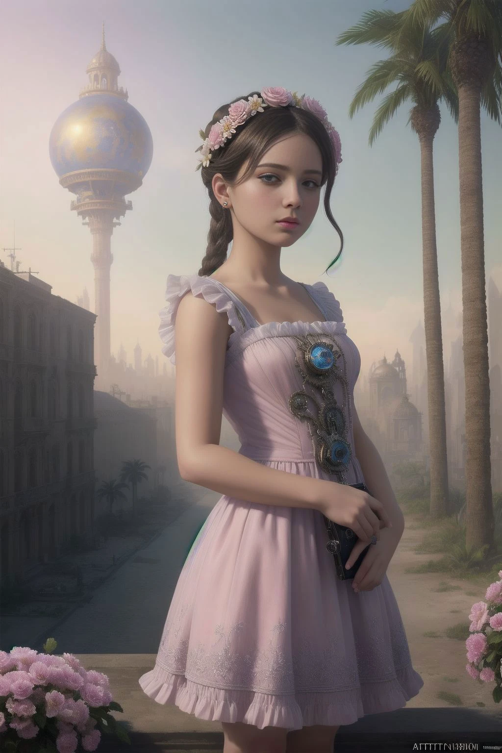 masterpiece, surreal, air_bubble, palm trees, photorealistic painting art by midjourney and greg rutkowski, astronomical phenomena, intricate, Intricate, High Detail RAW color Photo, 1girl, extremely detailed, flowers, frilly dress, clockwork, post apocalyptic ruined city, (artstation:1.4), elena of avalor, festering skin,