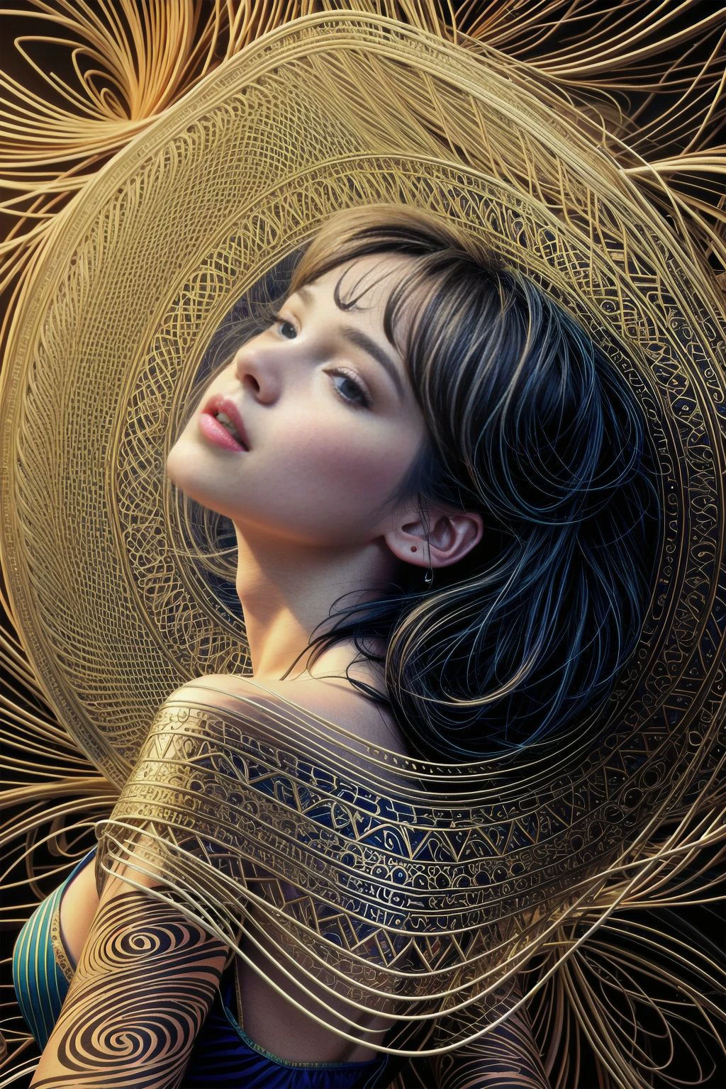 ((Best quality)), ((masterpiece)), ((realistic)), (hyperrealism:1.2), official art, unity 8k wallpaper, ultra detailed, beautiful and aesthetic, masterpiece, best quality, (zentangle, mandala, tangle, entangle), 1girl, portrait shot, extremely detailed, dynamic angle, cowboyshot, the most beautiful form of chaos, elegant, a brutalist designed, vivid colours, atmospheric, ecstasy of musical notes, streaming musical notes visible, <lora:add_detail:1>
