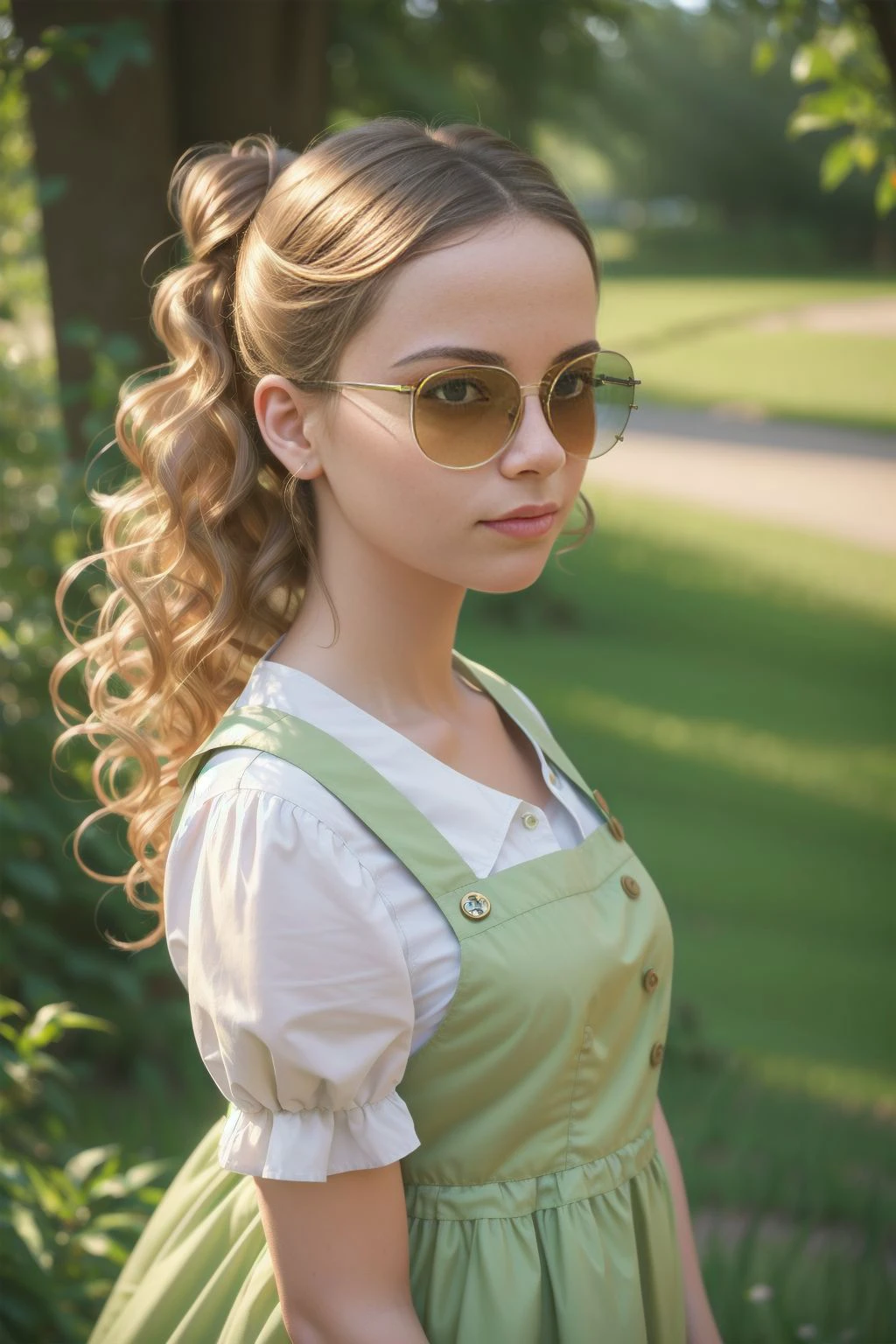 twin ponytails, movement, album art, city, photo made with Canon EOS in natural style photography, (masterpiece:1.2), coder, masterpiece, bridge, dust, constellations, (masterpiece), 35mm, peering over sunglasses, inside a car, (pale skin, high resolution uncompressed raw photo:0.8), light green northern warrior, Reflected mirror, brown eyes, sharp focus, by Jeremy Mann, Romantic lighting, a closeup portrait of a playful maid, garden, (curly hair:1.2), highres, (extremely detailed CG unity 8k wallpaper), film grain, pinafore dress, silver hair, portrait, trees, RAW photo, sunny, horizon, (extremely intricate)