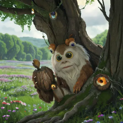 (masterpiece, best quality), (best quality) (detailed) (8k) (HDR) (cinematic lighting) (sharp focus) (intricate),( studio Ghibli:1.3), anime key visual,
(ancient kind old treeman-spirit:1.1), chestnut-tree-flowers (many conker-eyes:1.3) , open plain, distant mountains, other worldly, (detailed wrinkled bark skin:1.1), (blue orange crystal clusters:1.1)