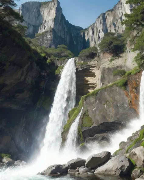 A detailed photograph of a roaring waterfall, capturing the cascading water, intricate rock formations, and the power and beauty of nature.